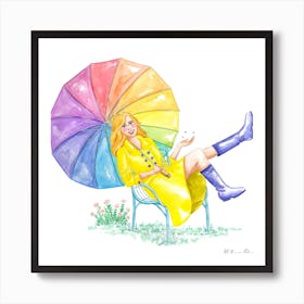 April Showers with rainbow umbrella Art Print
