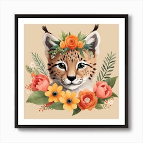 Floral Baby Lynx Nursery Illustration (62) Art Print