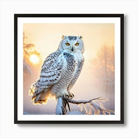 Snowy Owl Perched Stoically On A Frost Covered Branch During A Serene Winter Sunrise Sunlight Filte Art Print