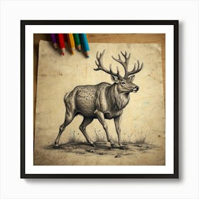 Elk Drawing Art Print