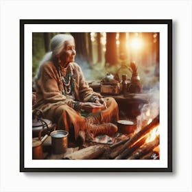 Elderly Native American Woman Sitting By Campfire Art Print