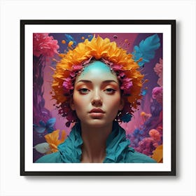 Woman With Flowers On Her Head Art Print