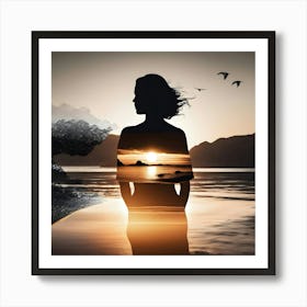 Sunset Silhouette Of A Woman Art Print