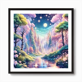 A Fantasy Forest With Twinkling Stars In Pastel Tone Square Composition 431 Art Print