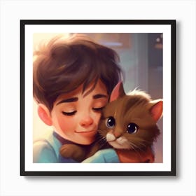 Boy Hugging Cat 1 Art Print