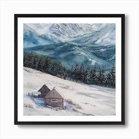 Landscape Watercolor Winter In The Capethians Mountain Square Art Print