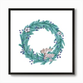 Wreath from Teal Fir Branches, Blueberries, Cotton and Wooden Deer Art Print