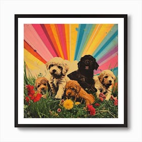 Rainbow Puppies In The Meadow Sunny Collage Art Print