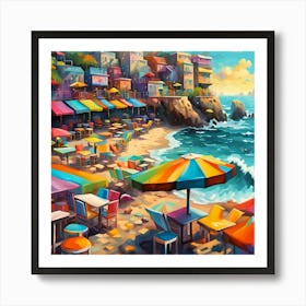 A Majestic Vista From Atop A Beach Cliff Overlooking Waves Beach Bars Chairs And Umbrellas 1 Art Print