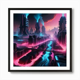 Cyberpunk industrial city with lava and river 2 Art Print