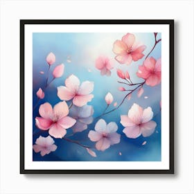 Firefly Abstract Cherry Blossom Petals In Watercolor Style, Floating Gently On A Misty Blue Backgrou (3) 1 Art Print