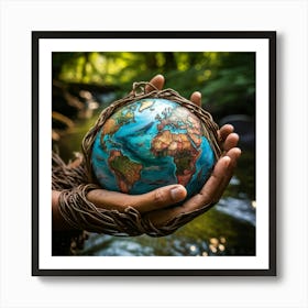 A Hand Of Earthy Brown Weaves Cradling A Detailed Miniature Globe Veins And Tendons Popping Against (3) Art Print