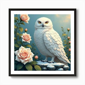 Snowy Owl Among White Roses 1 Art Print