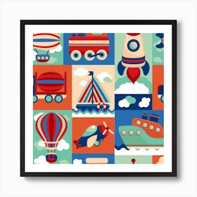 Toy Transport Cartoon Seamless Pattern With Airplane Aerostat Sail Yacht Vector Illustration Art Print