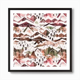 Watercolor Mountains Red Green Red Square Art Print