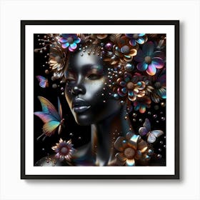 Black Woman With Flowers And Butterflies Art Print