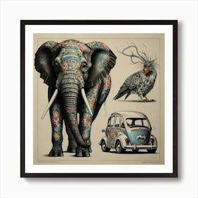 'The Elephant And The Car' Art Print