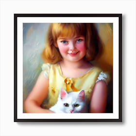 Little Girl With White Cat 1 Art Print