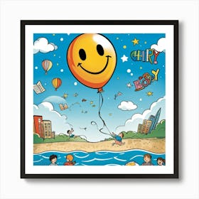 Cartoon Illustration Of A Hand Drawn Balloon Adorned With A Happy Face Floating Over A Bustling Beac (2) Art Print