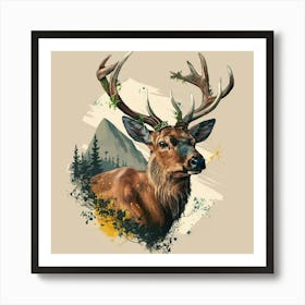 Deer. Captivating Stag Tattoo Design: Majestic Wildlife Art with Moss-Adorned Antlers, Wisdom-Gazing Eyes, and Nature-Inspired Background Art Print