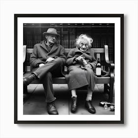 Old Couple Sitting On Bench Art Print