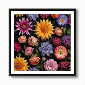 Colorful Flowers On A Black Background Art Print