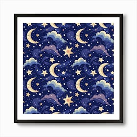 Night Moon Seamless Background Stars Sky Clouds Texture Pattern Art Print