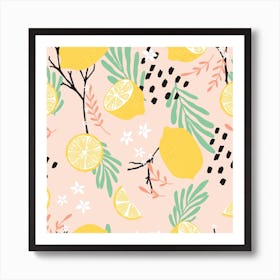 Lemon Pattern On Pink With Flowers And Florals Square Art Print