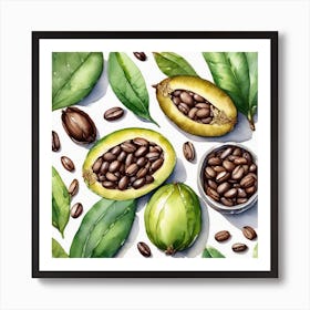 Watercolor Coffee Beans And Leaves Art Print