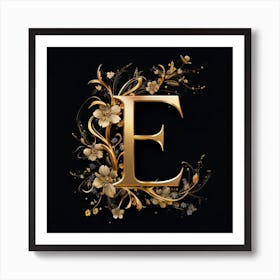 Gold Floral Letter E Art Print