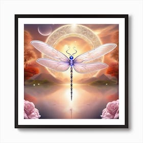 Dragonfly With Roses Art Print