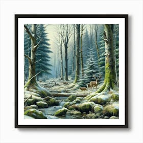 Deer In The Mossy Winter Woods, Acrylic Painting Style Art Print