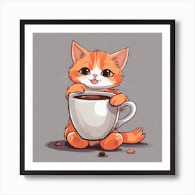 Cute Orange Kitten Loves Coffee Square Composition 24 Art Print