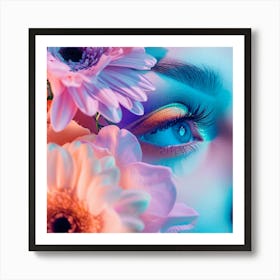 Neon, Pastel Portrait Of A Woman With Flowers Art Print