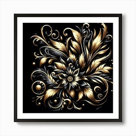 Gold Floral Design On Black Background 1 Art Print