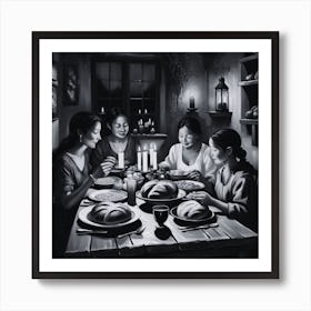 Family Dinner Black and White Art Print