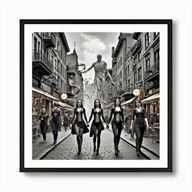 Steampunk Street People Monochrome Cubism Style Art Print