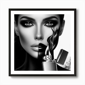 Black And White Portrait Of A Woman With A Lighter Art Print