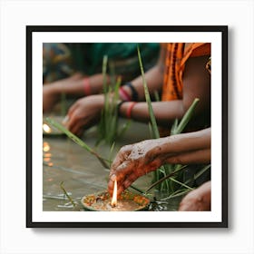 Women Lighting Candles In The Water 1 Art Print