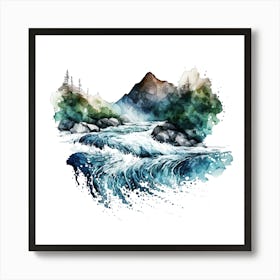 Watercolor Landscape With Mountains And River Art Print