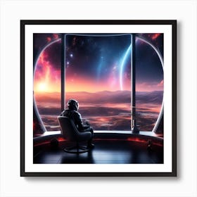 The Image Depicts A Futuristic Space Scene With A Man Sitting On A Couch In Front Of A Large Window That Offers A Breathtaking View Of The Galaxy Art Print