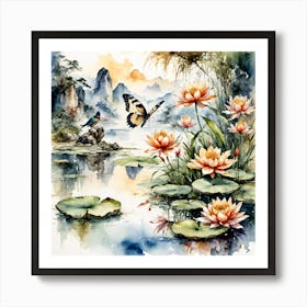 Watercolour Butterflies over Lilly Pond I Art Print