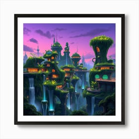 Futuristic Jungle City With Bioluminescent Plants Art Print