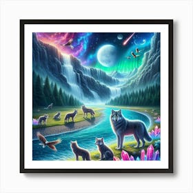 Wolf Family by Crystal Waterfall Under Full Moon and Aurora Borealis 6 Art Print