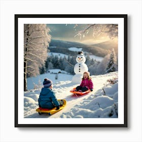 Two Children Playing In The Snow Art Print