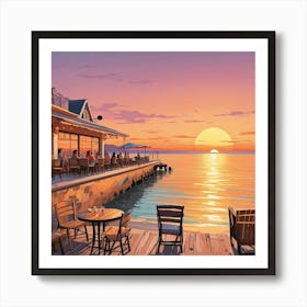 Sunset Outdoor Cafe Area At Beach Ocean Lake Art Print (1) Art Print