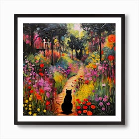 Black Cat In Monet Garden 2 Art Print