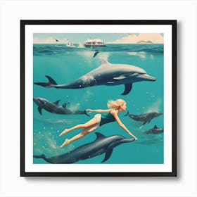 Woman Diving With Dolphins In The Sea Art Print