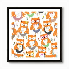 Cute Colorful Owl Cartoon Seamless Pattern Art Print