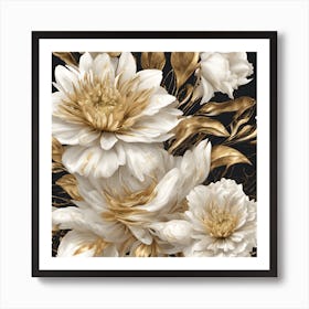 White Peony Flowers On Black Background Art Print